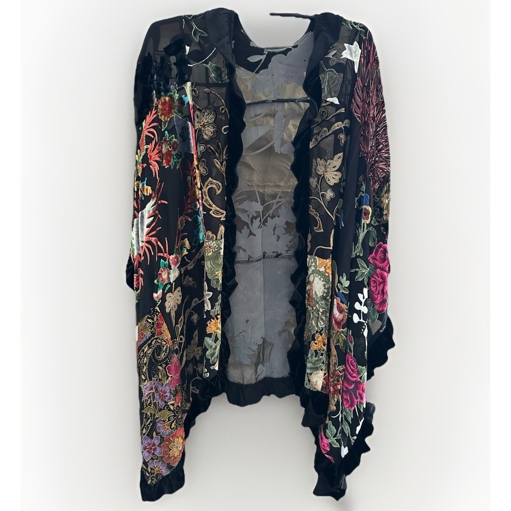 Burnout Velvet Patchwork Ruana Wrap Silk Blend Kimono Boho Whimsigoth OS Witchy